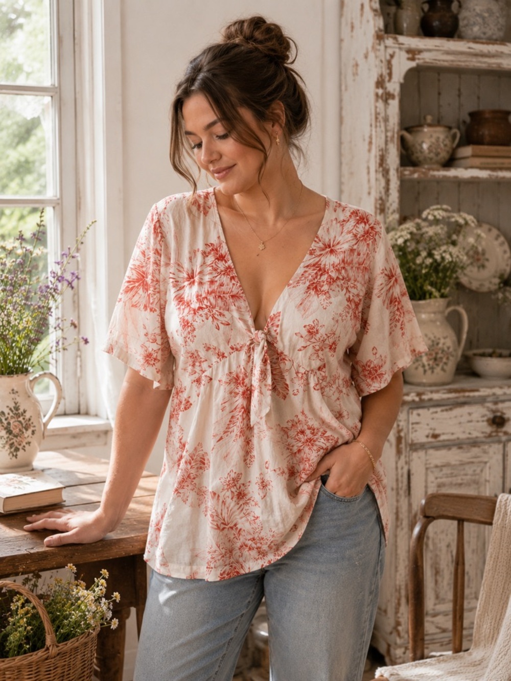Old Navy Coral Floral Tie-Front V-Neck Blouse